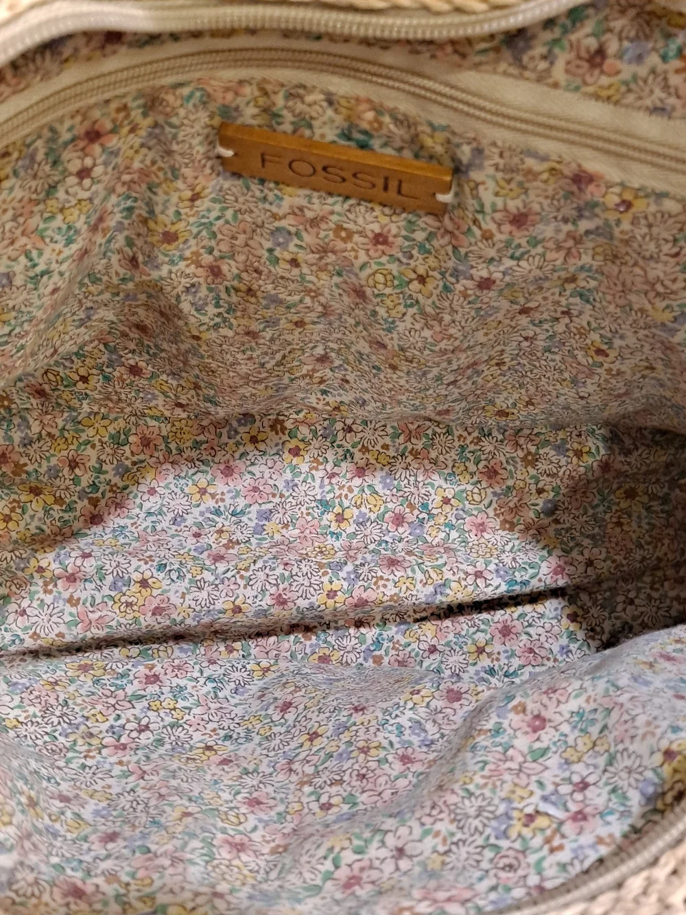 Fossil Vintage Woven Paper Straw Shoulder Bag Floral Pink Green Embroidery